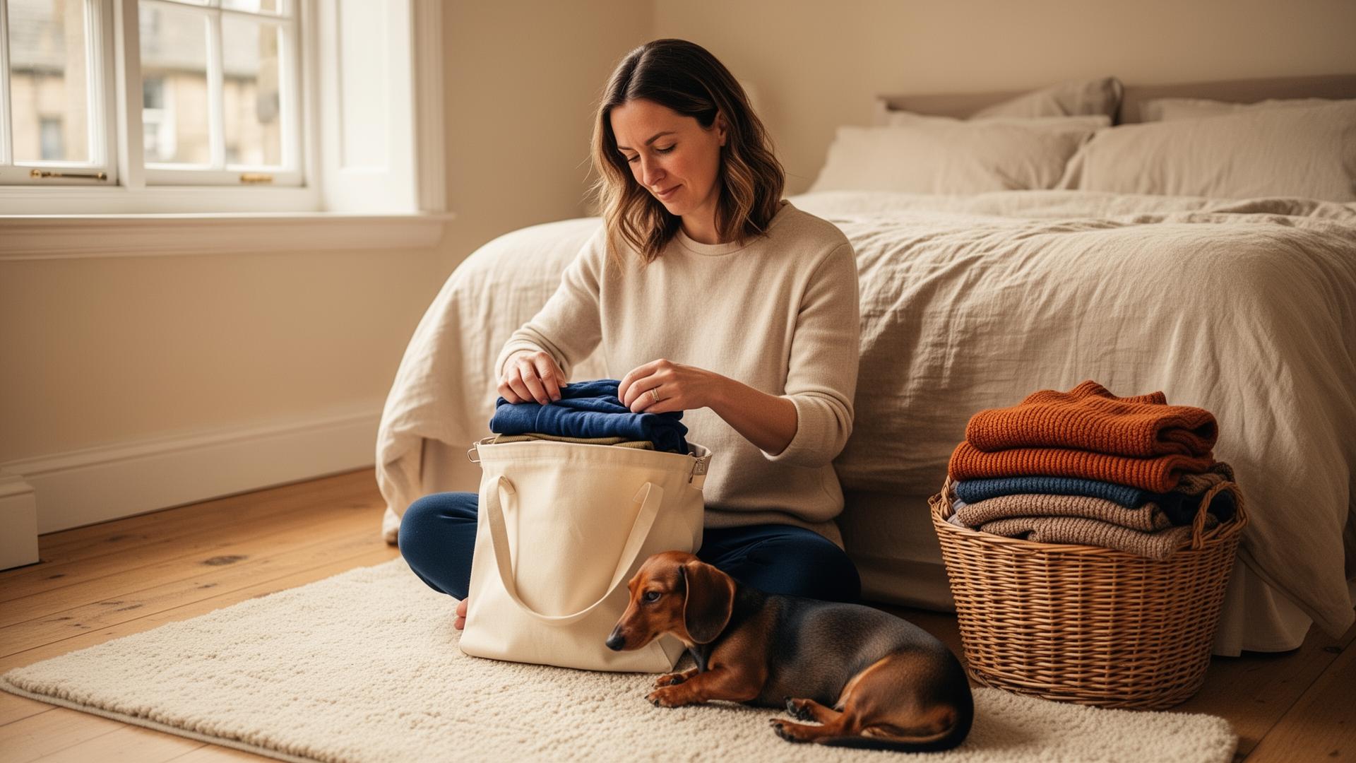 A woman folds unwanted clothes into a canvas tote in her sunlit Edinburgh bedroom, with her dachshund resting beside her.